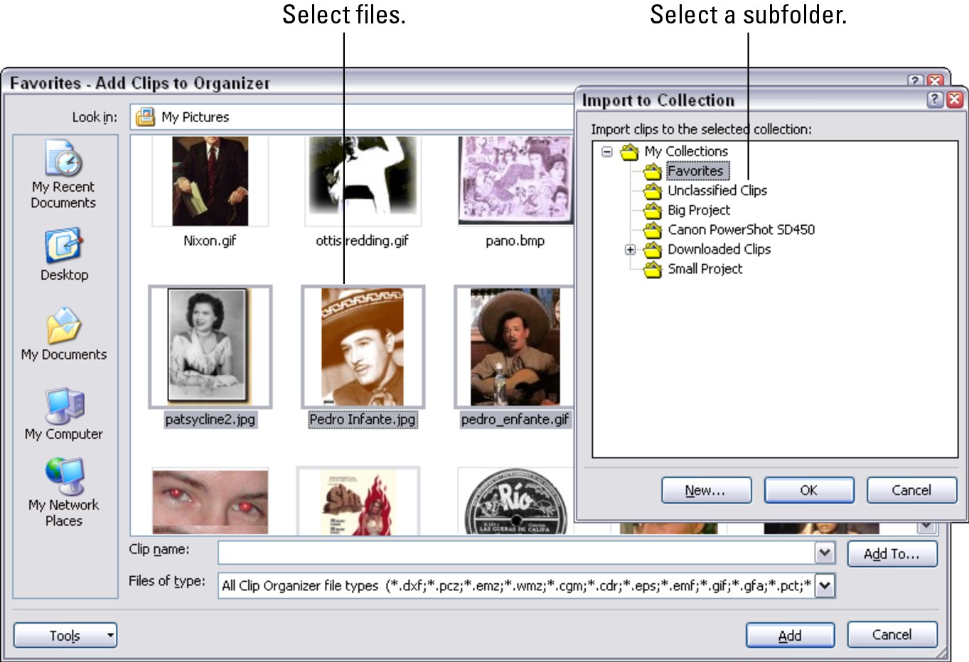 Figure 4-6: Making your favorite media files available in the Clip Organizer.